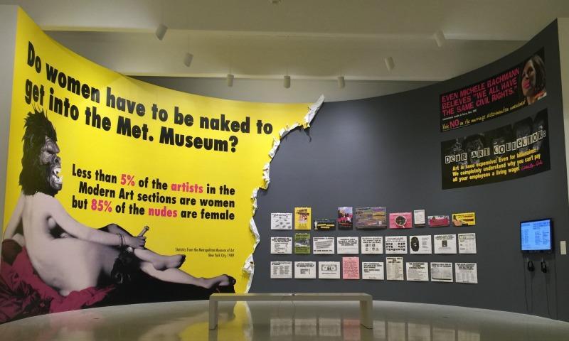 An installation of the Guerrilla Girls' protest posters at the Walker Art Center in Minneapolis