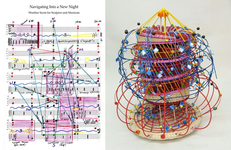 A score (L) and the resulting sculpture (R) for 'Navigating Into A New Night'