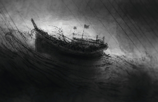 Black and white illustration of a boat on rocky waters