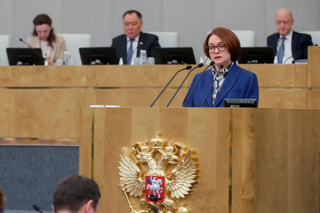 In this photo released by The State Duma, Lower House of the Russian Parliament Press Service, Russian Central Bank Chief Elvira Nabiullina delivers her speech at the State Duma, the Lower House of the Russian Parliament in Moscow, Russia, Wednesday, April 10, 2024. 